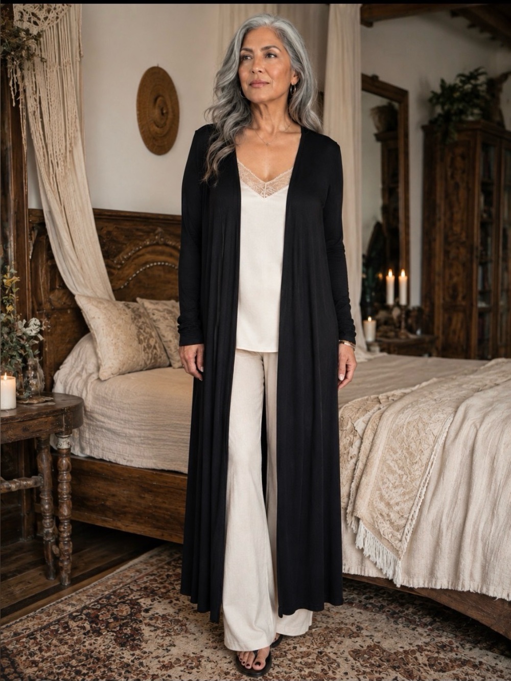 Crowned Free Ethically Made Long Black Open-Front Duster w/Open Back Size M